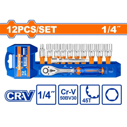 Комплект тресчотка и вложки WADFOW, 45T, 1/4", SW 5 - 14 мм, 12 части