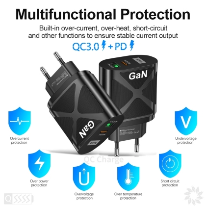 ЗАРЯДНО 65W GaN, USB A + Type-C (PD),  EU