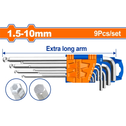 Комплект Г-образни ключове с топче WADFOW, Ex-long, SW 1.5 - 10 мм, 9 броя