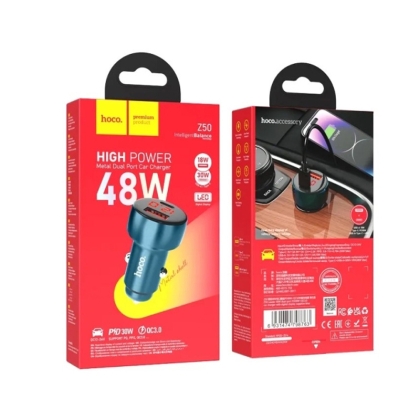 Зарядно за кола  PD30W+USB18W с LED волтметър  HOCO Z52