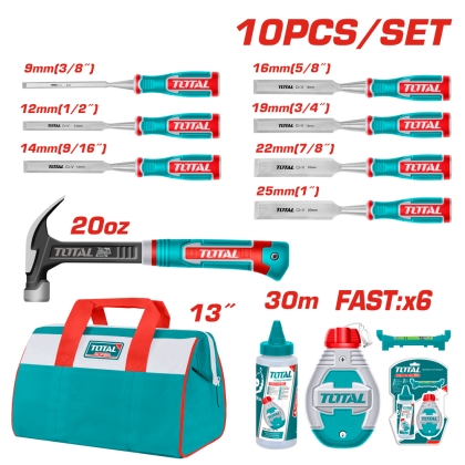 Комплект дърводелски инструменти TOTAL INDUSTRIAL, 10 части
