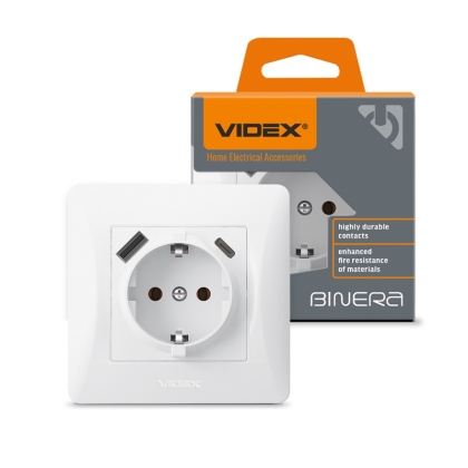 Контакт шуко единичен 16А + USB А + Type-C     VIDEX