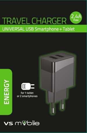 USB зрядно VS mobile 5V / 2.4A,  2xUSB A