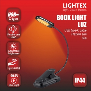 LED лампа за книга LUZ димируема 1.8W USB type-C IP 44 със щипка и гъвкаво рамо черна Lightex