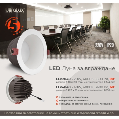 LED ЛУНА ЗА ВГРАЖДАНЕ С НИСКО НИВО НА ЗАСЛЕПЯВАНЕ 40W, 4000K, 220-240V AC, НЕУТРАЛНА СВЕТЛИНА, 60°, IP20    LLV4040